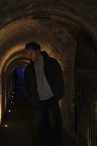 Boxy Zip-Up Snow Washed Hoodie - Black