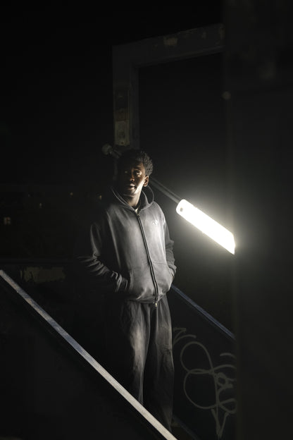 Boxy Zip-Up Snow Washed Hoodie - Black