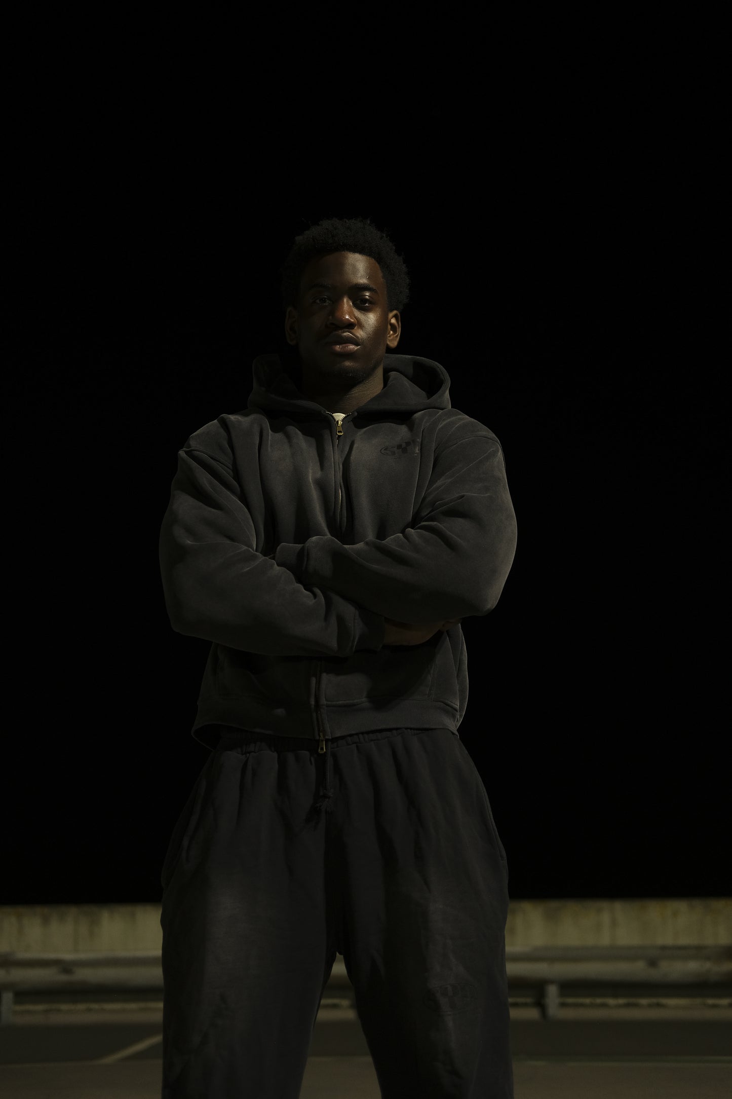 Boxy Zip-Up Snow Washed Hoodie - Black