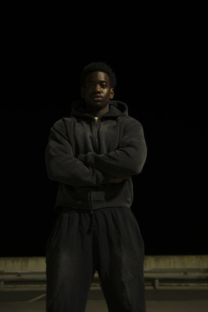 Boxy Zip-Up Snow Washed Hoodie - Black