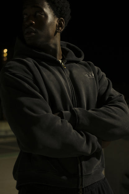 Boxy Zip-Up Snow Washed Hoodie - Black