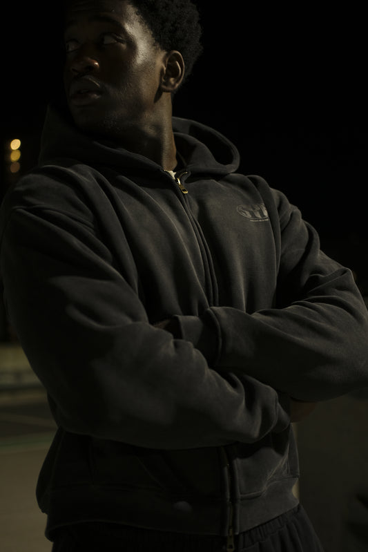 Boxy Zip-Up Snow Washed Hoodie - Black