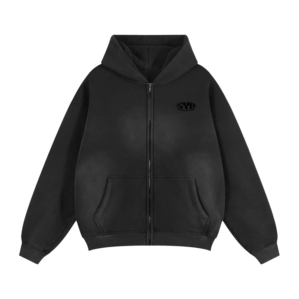 Boxy Zip-Up Snow Washed Hoodie - Black